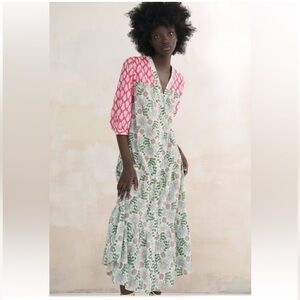 Zara Paloma floral block print midi cotton button-down V-neck dress sz.S
